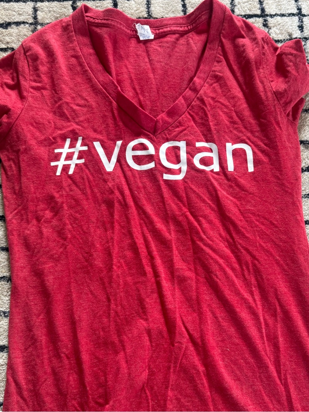 #vegan Red V-Neck Short Sleeve Tee
